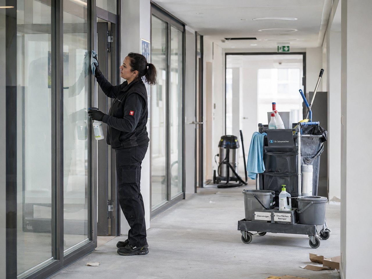 Professionelle Glas- und Fensterreinigung an einer Glastür