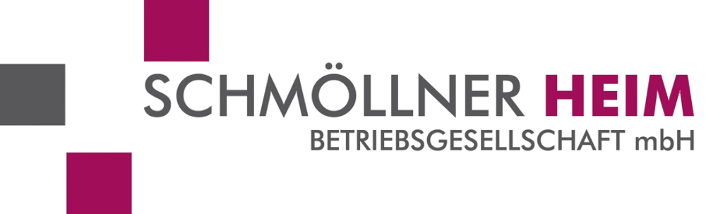Schmöllner Heim Betriebsgesellschaft mbH Logo mit grauem Quadrat und zwei magenta Quadraten.