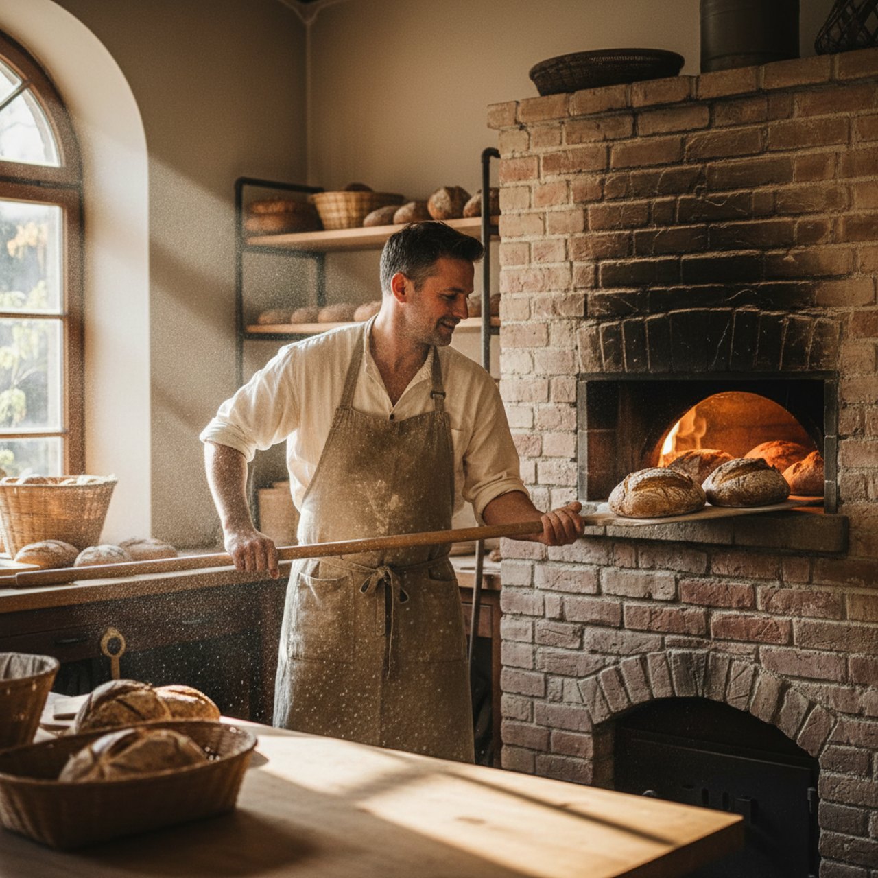 Bäcker holt frisches Brot aus dem Ofen