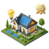 Ein Haus mit Solarmodulen auf dem Dach und im Garten, daneben eine Glühbirne mit Blatt und ein „25 Jahre“ Abzeichen.