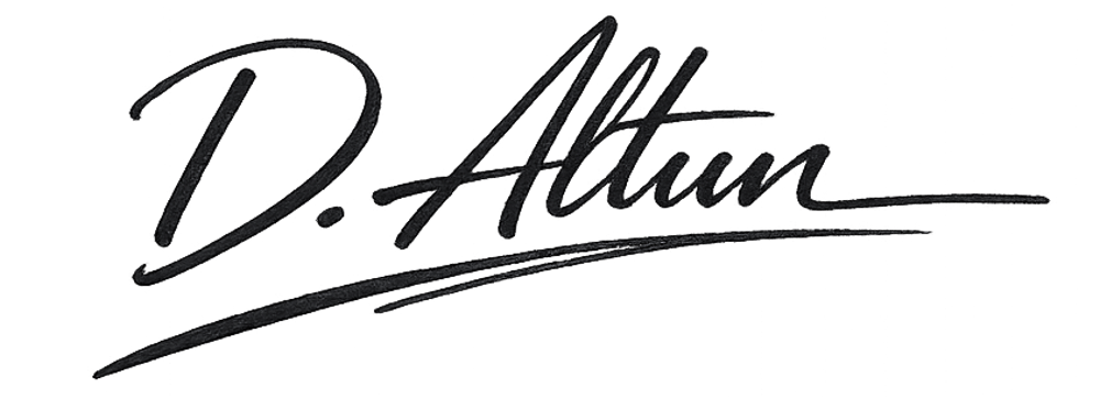 Schwarze Unterschrift D. Altun auf dunkelgrünem Hintergrund.