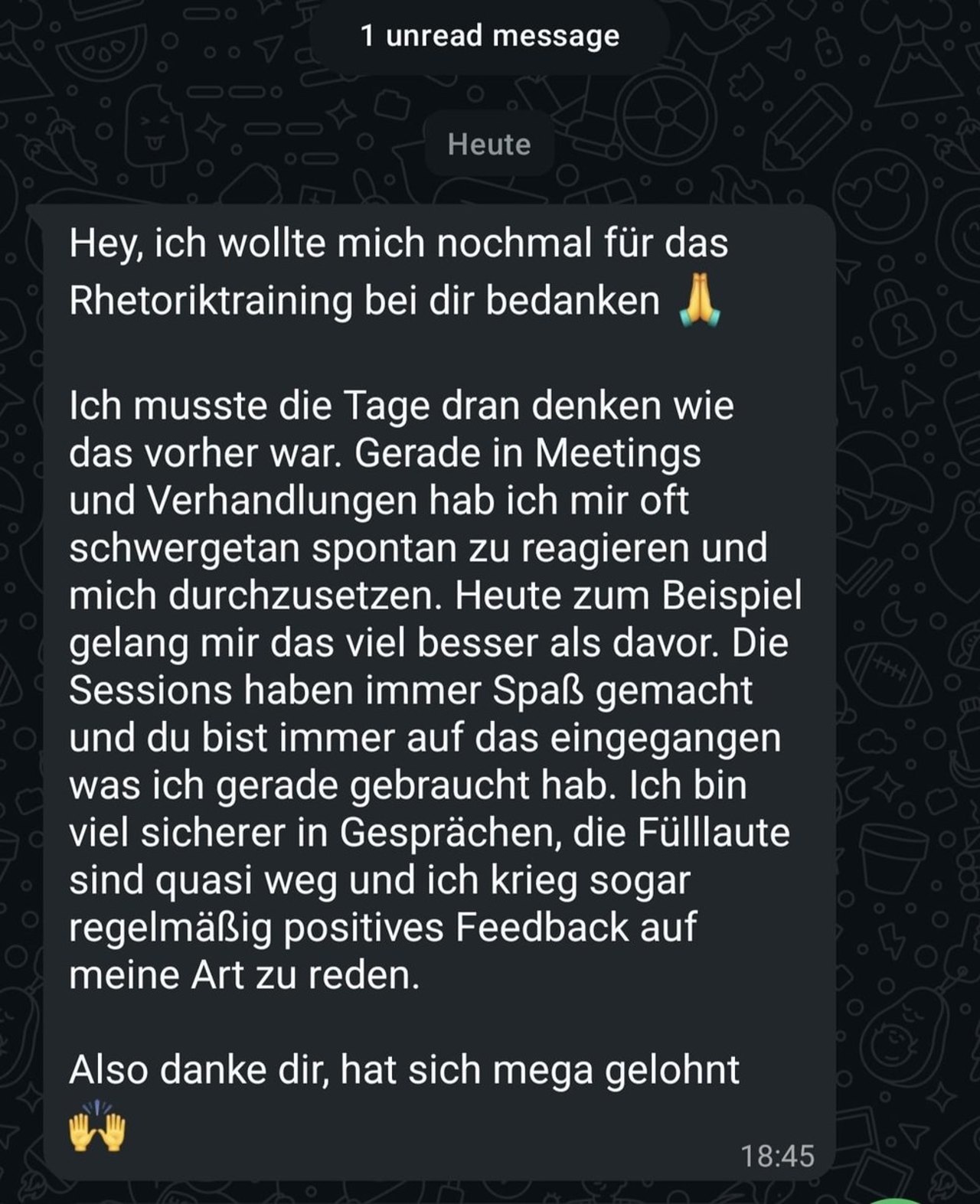 Nachricht eines Klienten zum Rhetoriktraining
