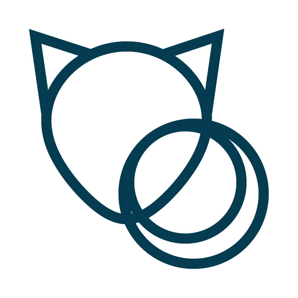 Stilisierte Umrisszeichnung eines Katzenkopfes mit einem Ball auf dunkelgrünem Hintergrund.