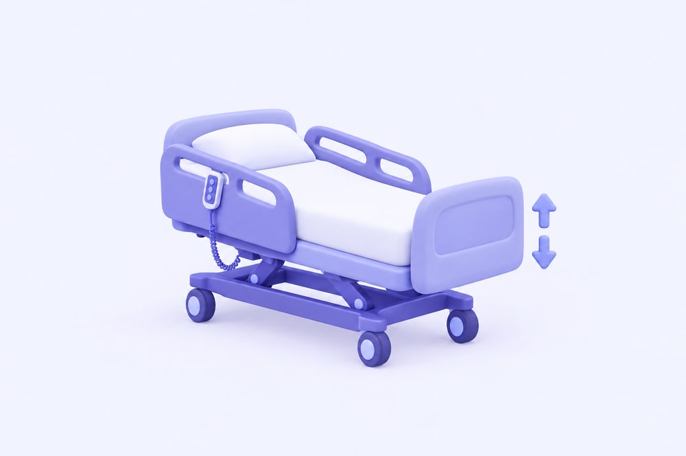 Illustration: Pflegebett mit Seitengittern, Handschalter und Pfeil nach oben und unten