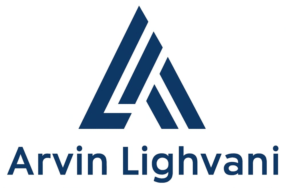 Blaues Logo mit stilisiertem A und Text "Arvin Lighvani".