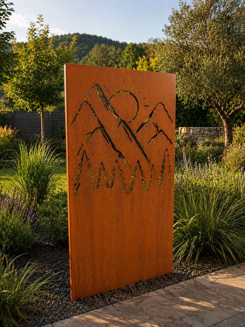 Sichtschutz aus Cortenstahl mit lasergeschnittenem Bergmotiv im Garten