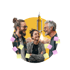 Three diverse people smiling and talking, with a rocket launching in the background surrounded by sticky notes.