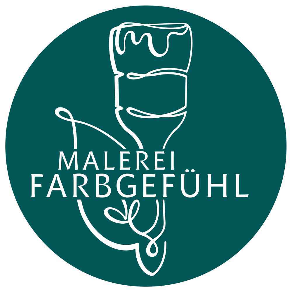 Maler pinsel und Text "MALEREI FARBGEFÜHL" in weiß auf dunkelgrünem Kreis.