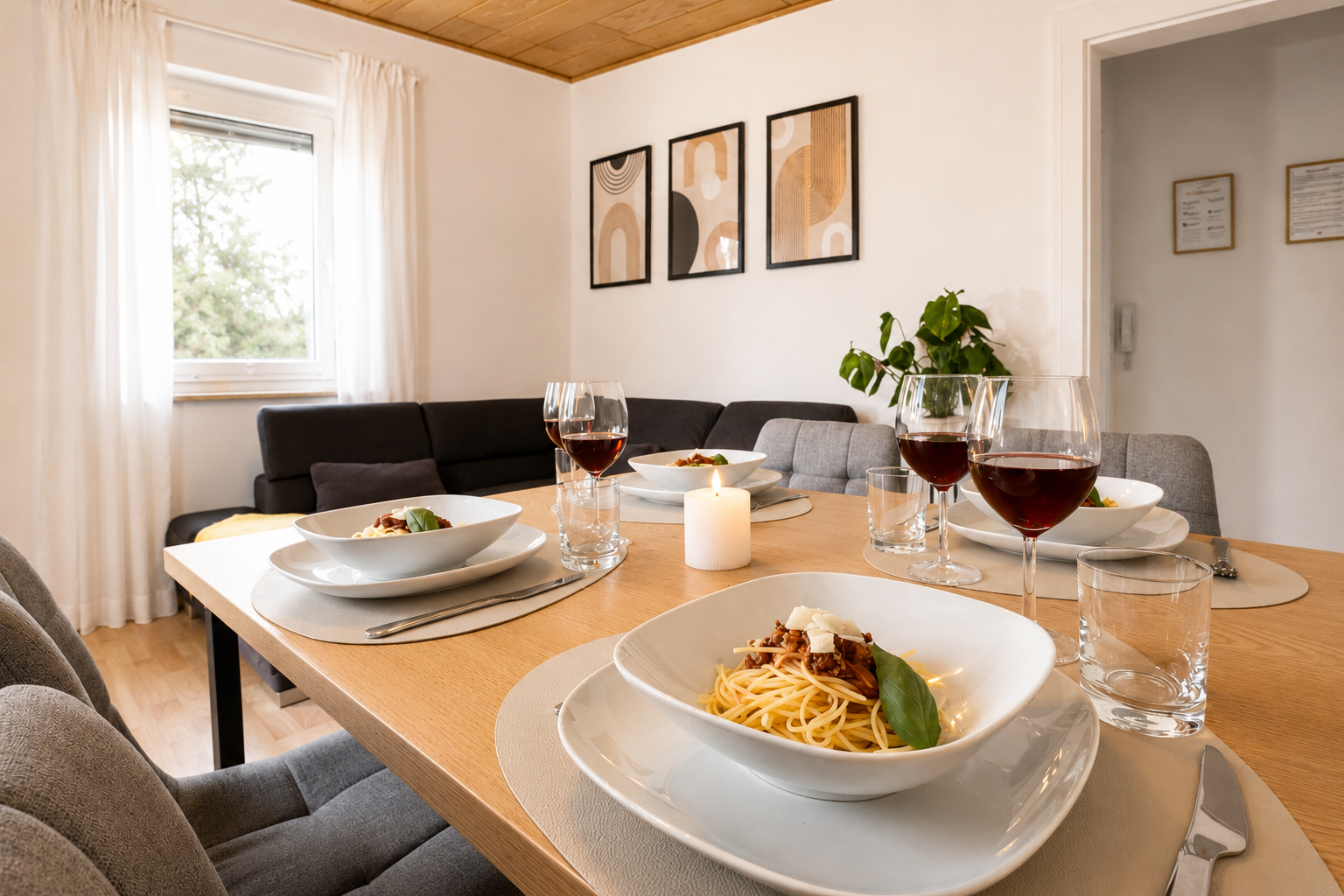 Gedeckter Esstisch mit Pasta und Wein im Wohnbereich