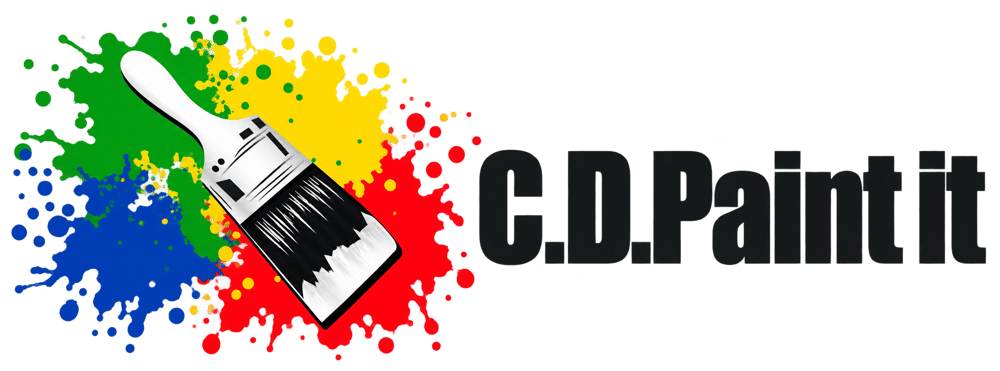 Logo von C.D. Paint it mit einem Pinsel vor bunten Farbspritzern in Grün, Gelb, Blau und Rot auf schwarzem Grund.