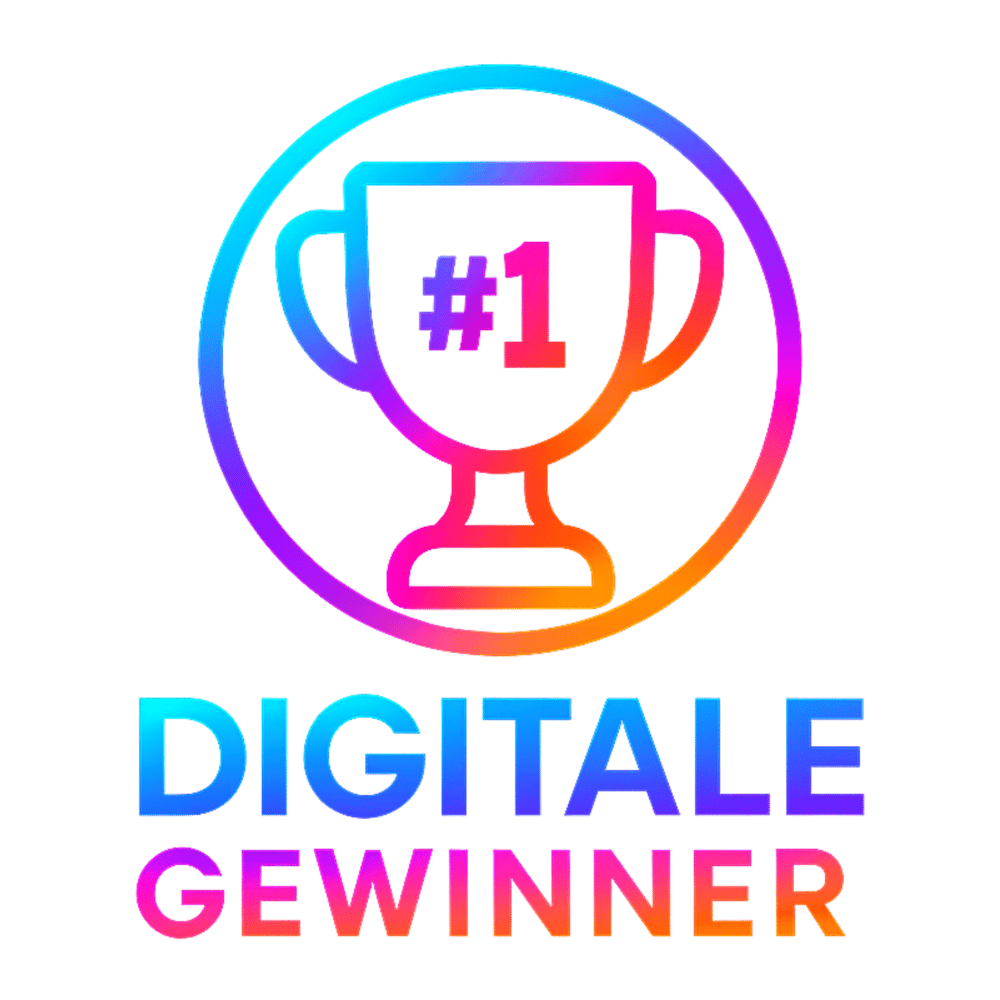 Ein farbiger Pokal mit der Nummer 1 in einem Kreis und dem Text „DIGITALE GEWINNER“ darunter.