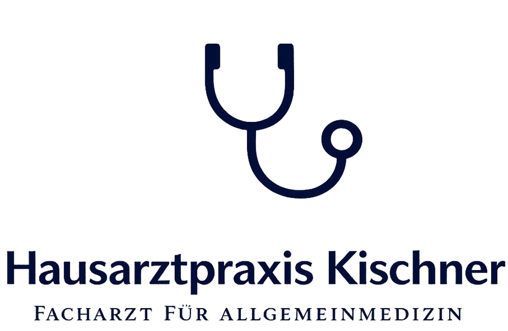 Stethoskop über "Hausarztpraxis Kischner, FACHARZT FÜR ALLGEMEINMEDIZIN" in Dunkelblau auf grünem Grund.