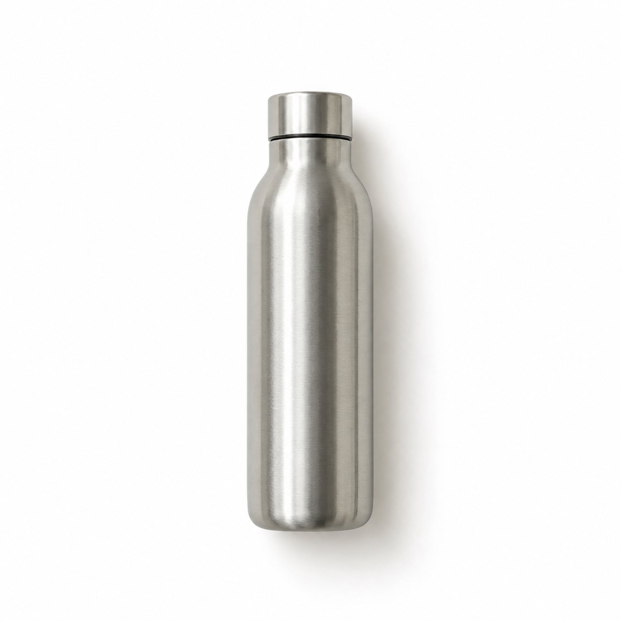 A stainless steel water bottle on a white background.