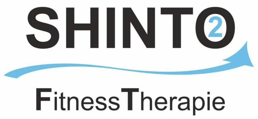 SHINTO Vital Gesund Schlank Logo auf grünem Hintergrund mit blauem Pfeil.
