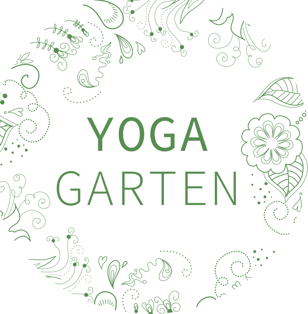 Schriftzug Yoga Garten umrahmt von einem kreisförmigen Muster aus grünen floralen Ornamenten und Ranken auf weißem Grund.
