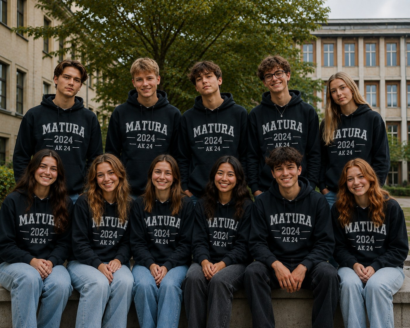 Maturajahrgang in einheitlich bedruckten Hoodies vor dem Schulgebäude