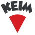 Schwarzes "KEIM"-Logo über einer roten, pizzastückförmigen Grafik.