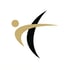 Stilisiertes goldenes und schwarzes Logo einer Person in Bewegung.