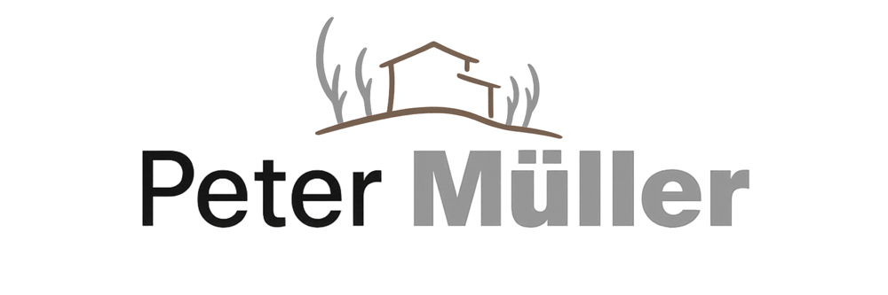 Logo Peter Müller mit Haus, Hügel und Bäumen.