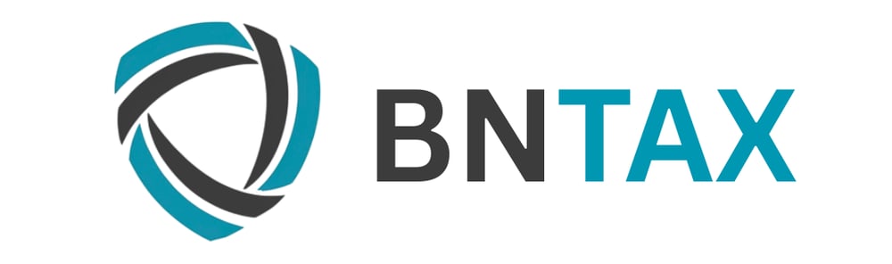 Logo mit einem stilisierten Schild in Türkis und Grau neben dem Text "BNTAX".