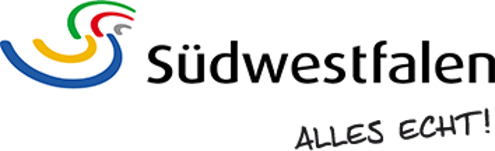 Logo "südwestfalen" mit bunten, geschwungenen Linien und dem Slogan "ALLES ECHT!" auf grünem Hintergrund.