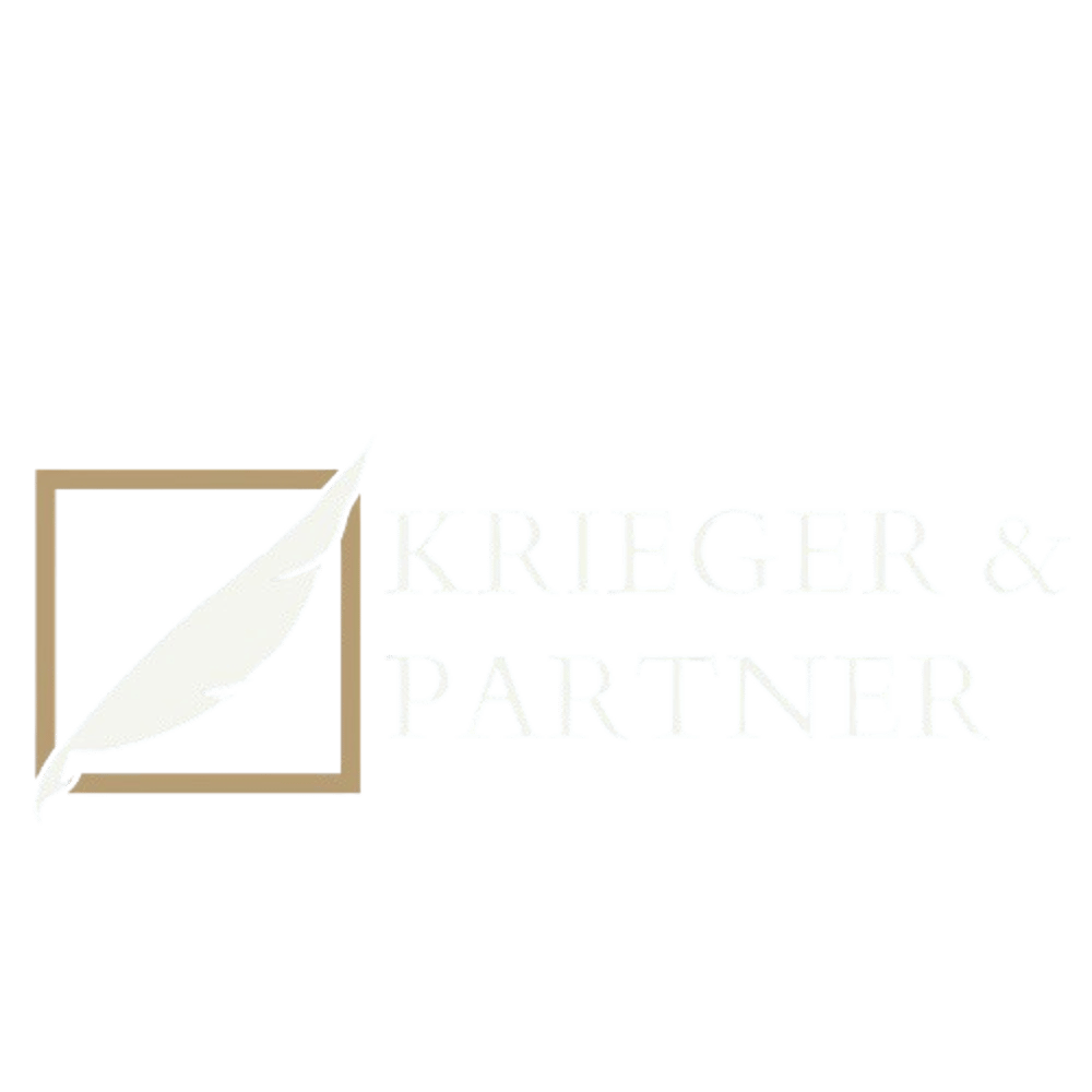 Logo von Krieger & Partner mit einer weißen Feder in einem goldenen Quadrat auf grünem Hintergrund.