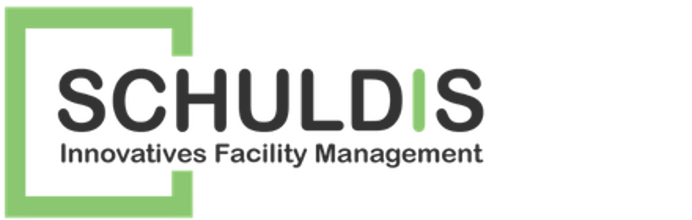 Schuldis Logo mit dem Text „Schuldis Innovatives Facility Management“ und einem grünen Rahmen auf schwarzem Hintergrund.