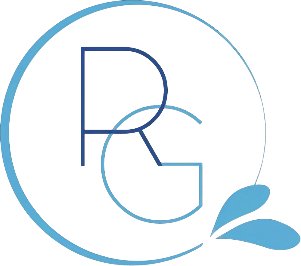 Das Logo zeigt die blauen Buchstaben "R" und "G" in einem Kreis aus Wasserwellen.