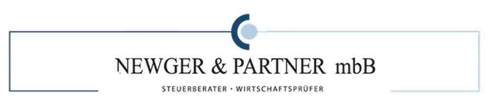 Newger & Partner mbB Steuerberater Wirtschaftsprüfer logo with a blue circular icon on a black background.