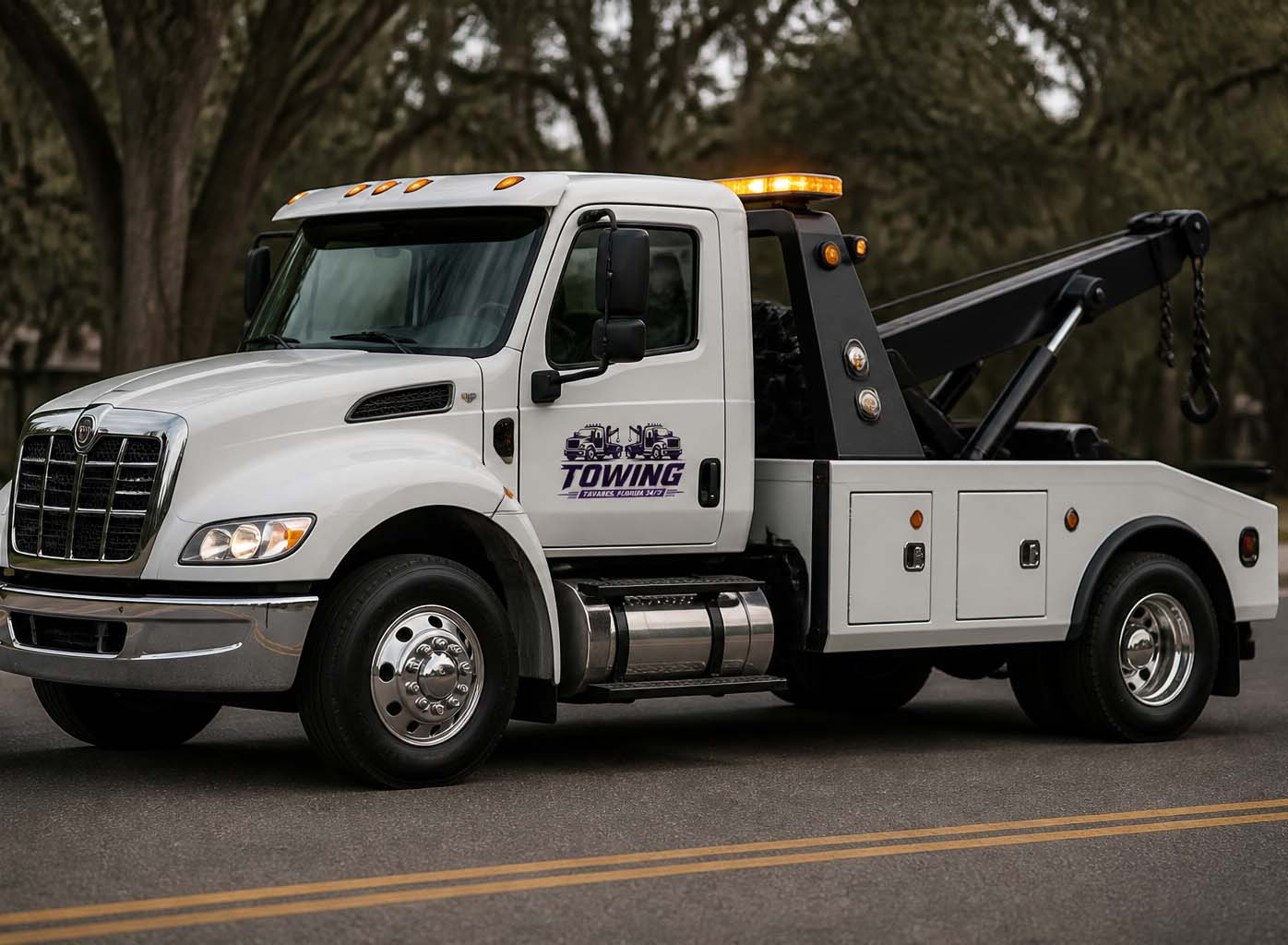 A white heavy-duty tow truck parked on a street ready for roadside dispatch in Tavares, FL.