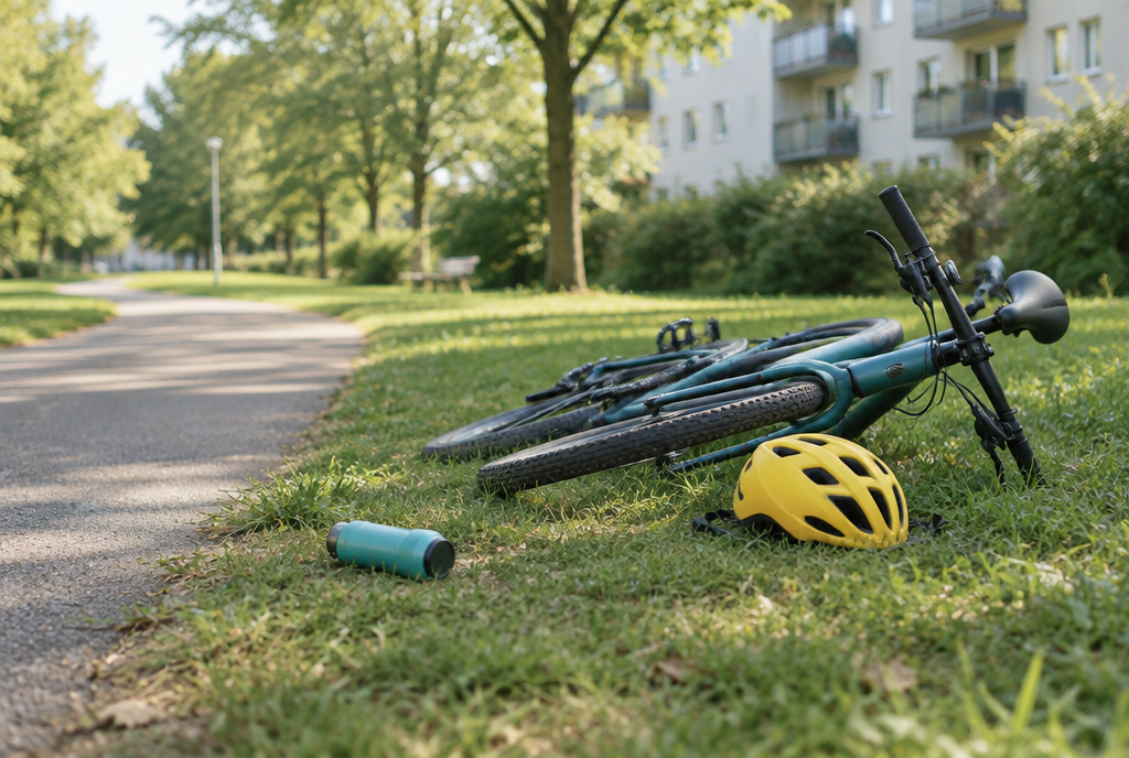 Fahrrad liegt nach einem Sturz im Gras am Wegrand, gelber Helm daneben