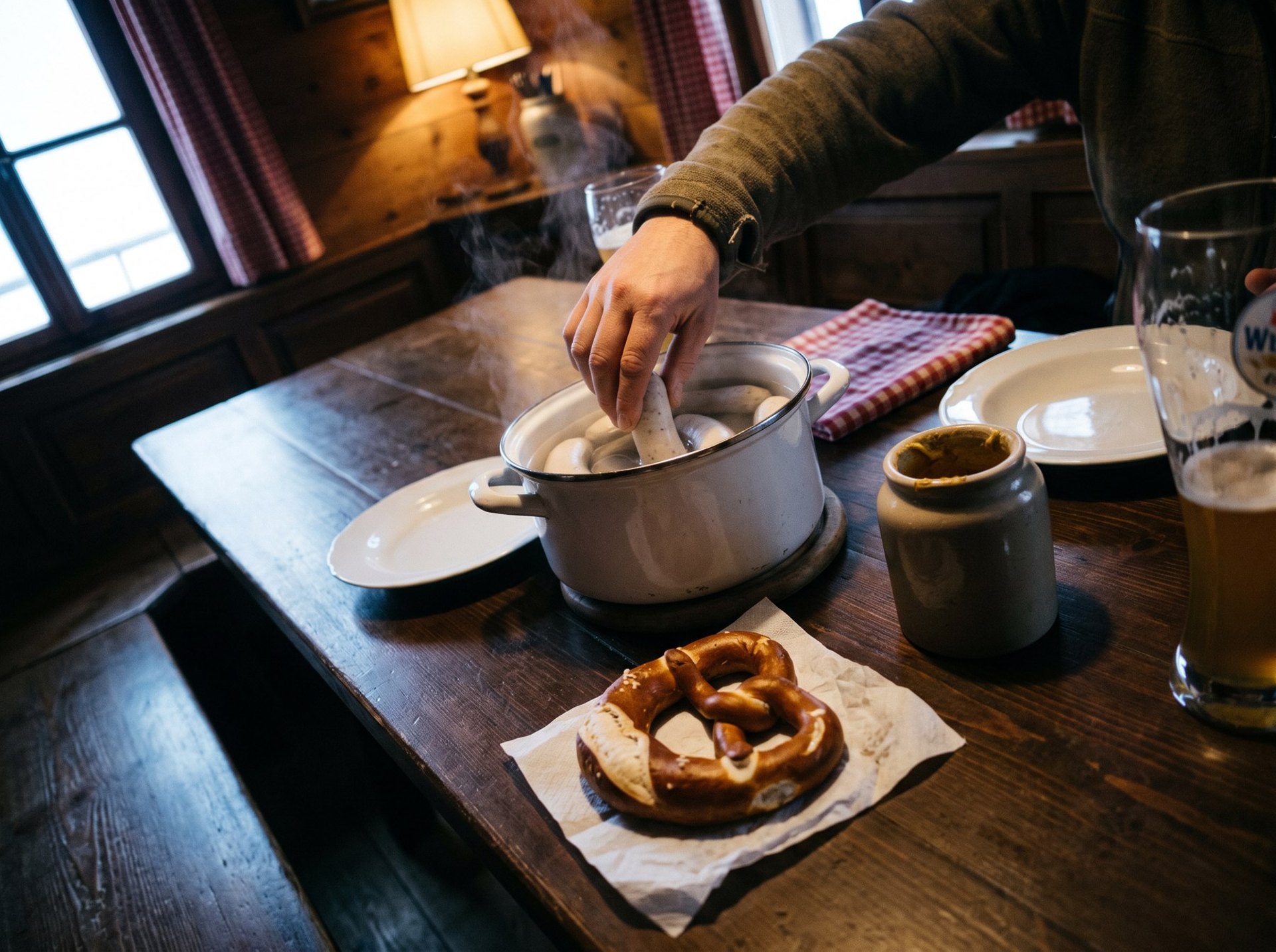 Weißwürste und Brezn auf dem Holztisch im Chalet