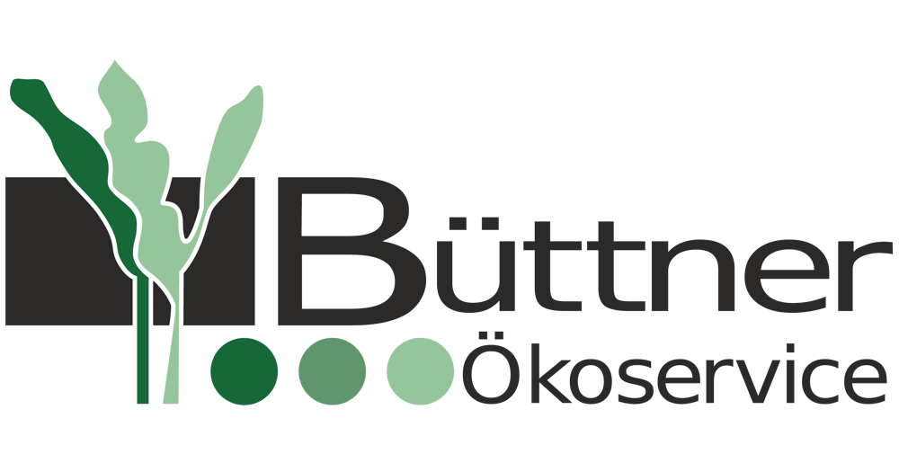 Logo von Büttner Ökoservice mit drei grünen Blättern und drei farblich abgestuften Punkten auf schwarzem Grund.
