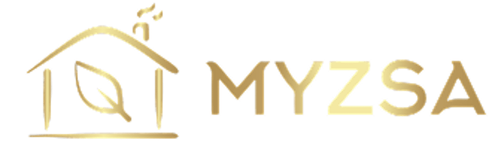 Gold logo with a house, leaf, and chimney with smoke, next to the text "MYZSA" on a green background.
