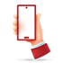 Hand hält ein rotes Smartphone mit weißem Bildschirm.