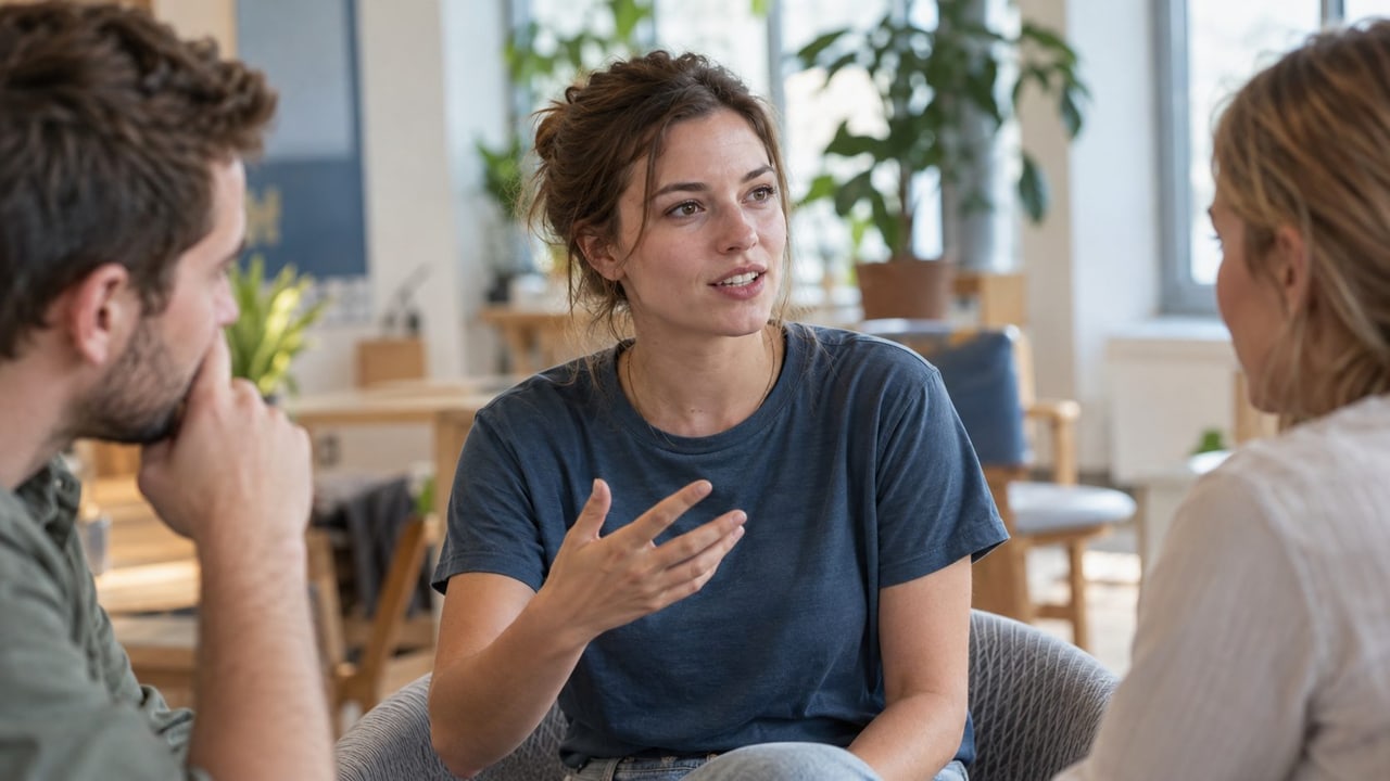 Teilnehmerin vertritt im Gespräch zu dritt ihren Standpunkt