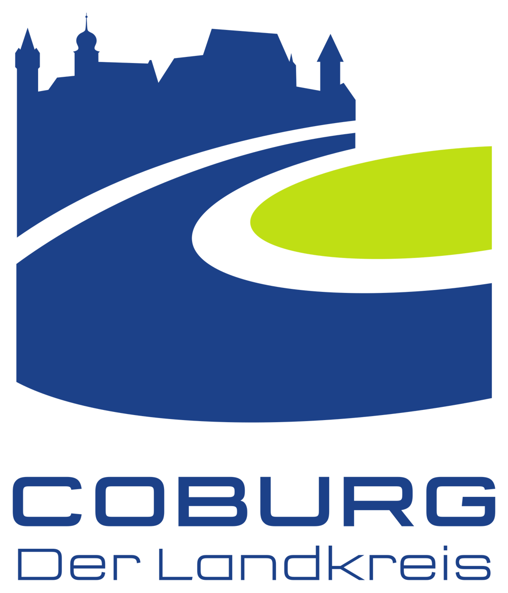 Logo von Lügde: Rote Skyline, blauer Hügel, Schriftzug "Lügde Staatlich anerkannter Erholungsort".