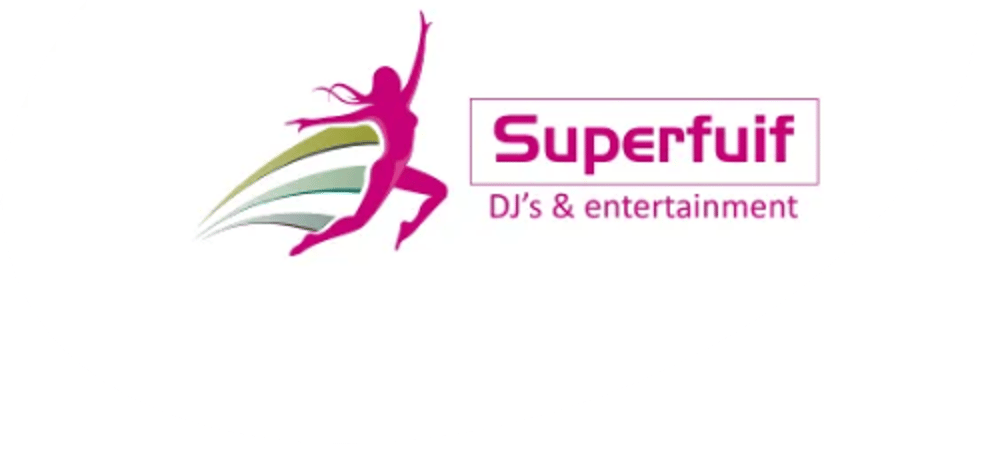 Superfuif DJ's & entertainment logo with a magenta jumping figure and green-grey swooshes.