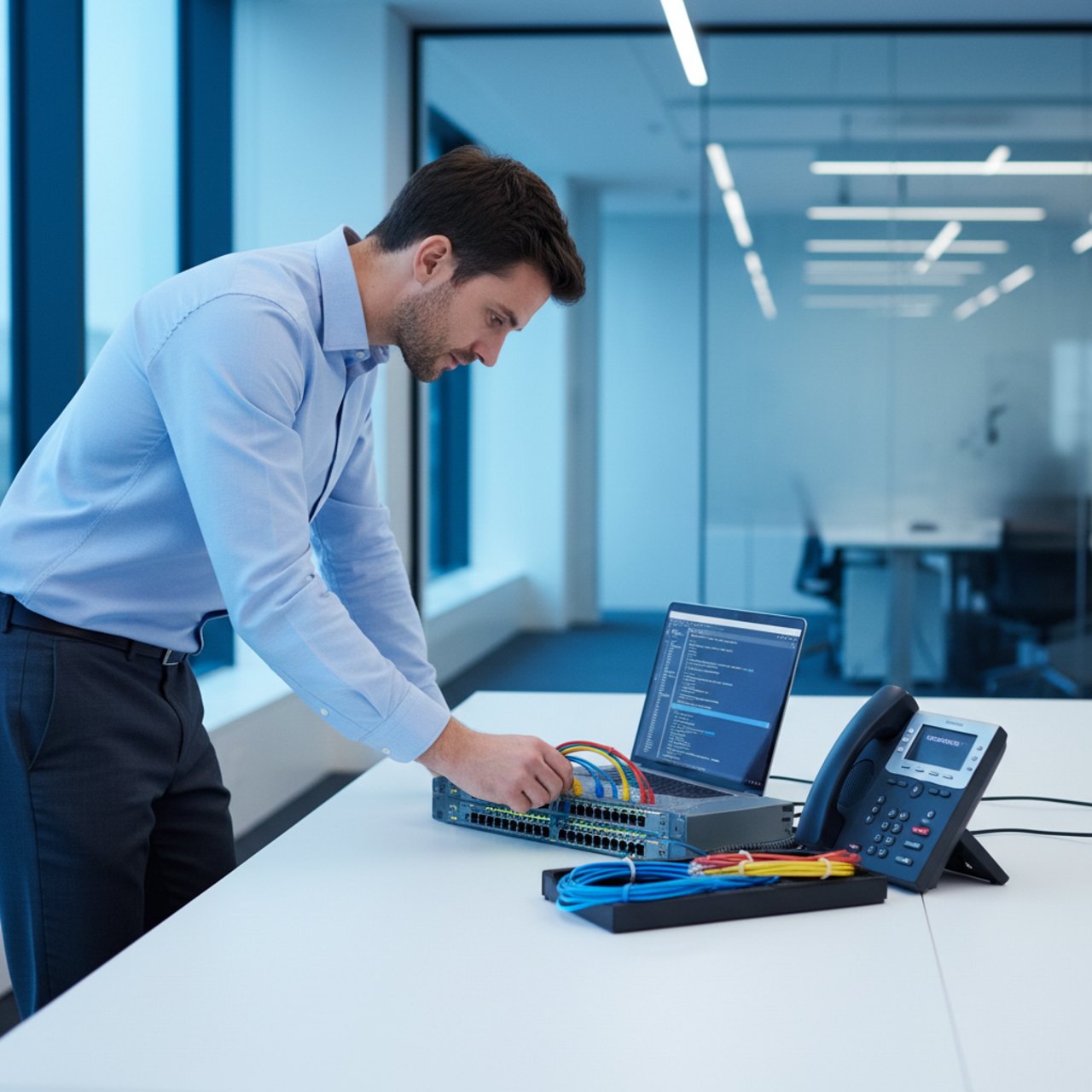 Techniker richtet VoIP-Telefon und Switch ein