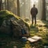 Rucksack, Emailletasse und Notizbuch auf einem Waldstein