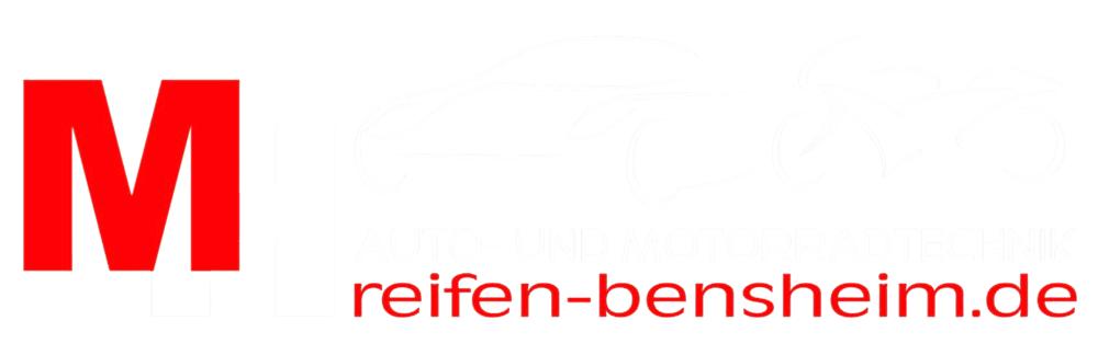 Logo mit rotem "M", weißem Pluszeichen, weißen Umrissen von Auto und Motorrad, Text "AUTO- UND MOTORRADTECHNIK reifen-bensheim.de".
