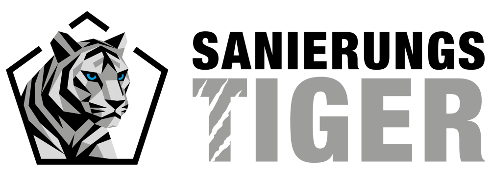 Logo mit weißem Tigerkopf mit blauen Augen in einem Polygonrahmen und den Wörtern "SANIERUNGS TIGER".