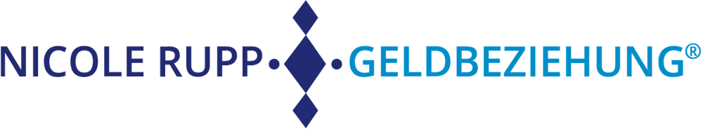 Das Logo zeigt "NICOLE RUPP" in dunkelblauer Schrift und "GELDBEZIEHUNG®" in hellblauer Schrift, getrennt durch ein dunkelblaues Rautensymbol.