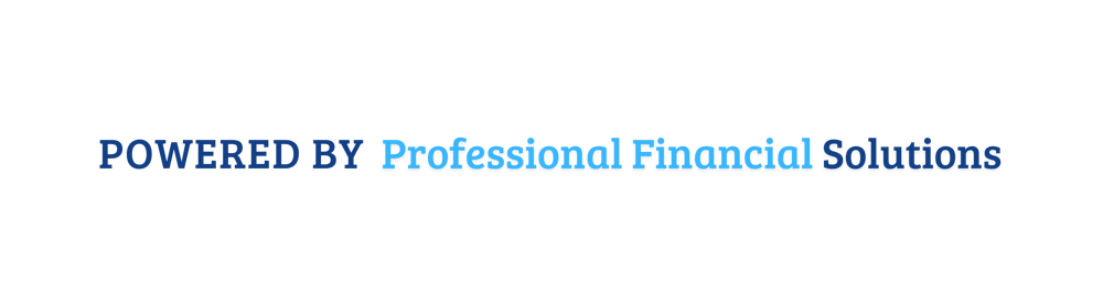 Text: "POWERED BY Professional Financial Solutions" in blau und hellblau auf dunkelgrünem Hintergrund.