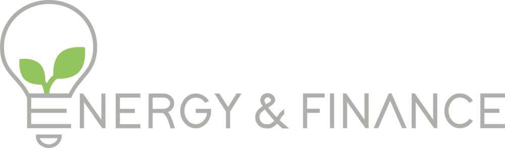 Glühbirne mit zwei Blättern darin und der Schrift "Energy & Finance" in grüner Farbe.