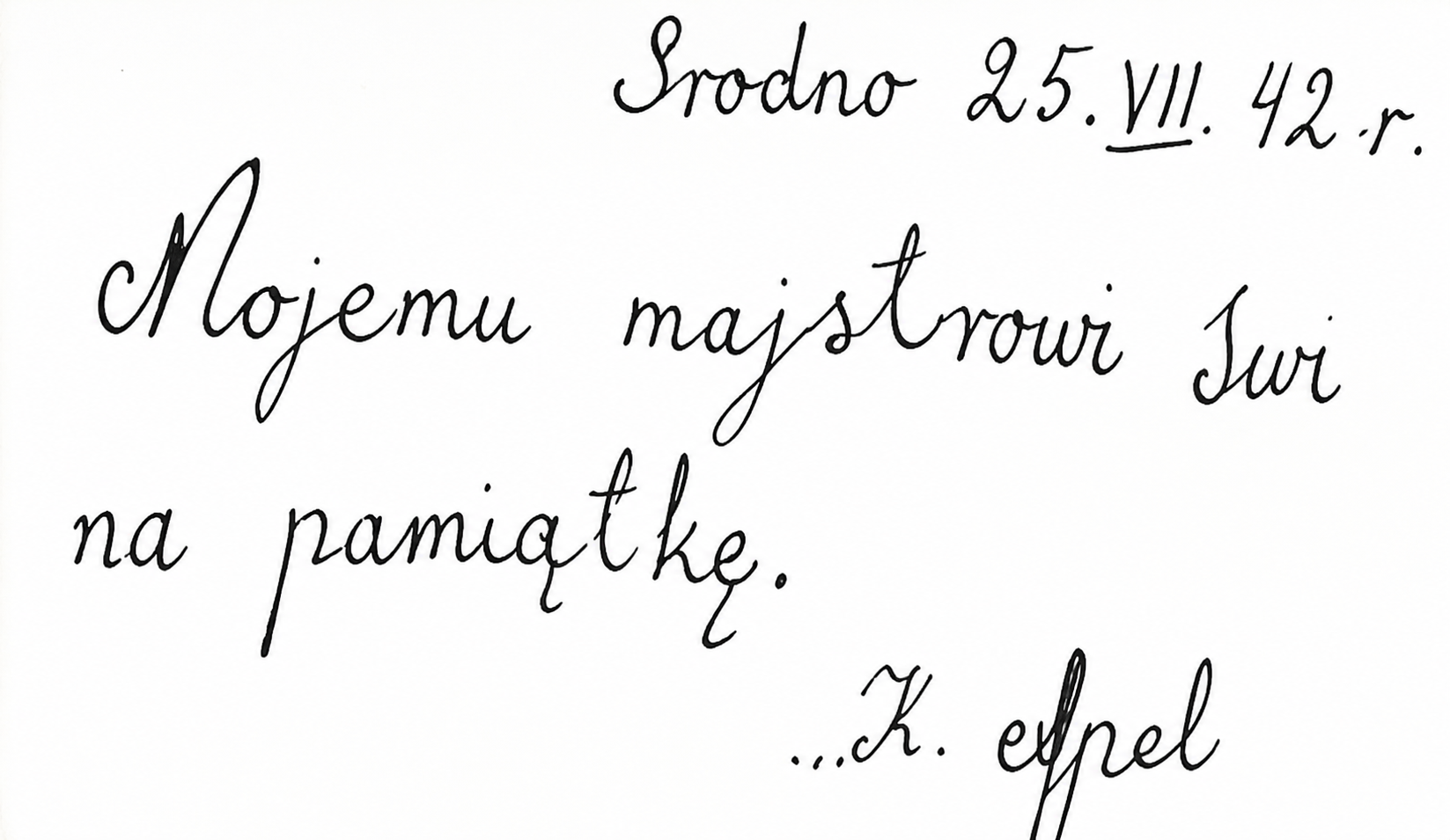 Dedicatoria de K. Apel a Hirsz Świ, 25 de julio de 1942