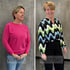 Vorher-Nachher-Vergleich einer Frau mit Typveränderung durch neues Styling, Make-up und gemusterte Bluse.