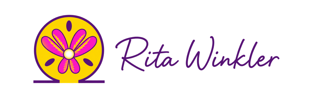Logo von Rita Winkler mit einer pinken Blume in einem gelben Kreis umrandet von einem dunkel lila Omega Zeichen