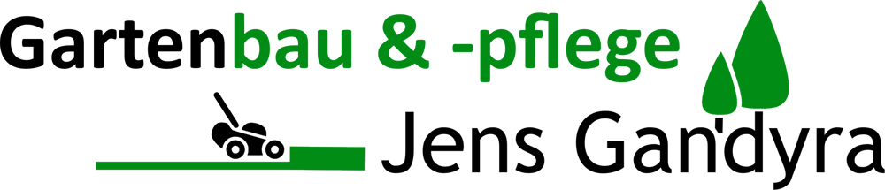 Logo für Gartenbau & -pflege Jens Gandyra mit Rasenmäher-Symbol und zwei grünen Bäumen.