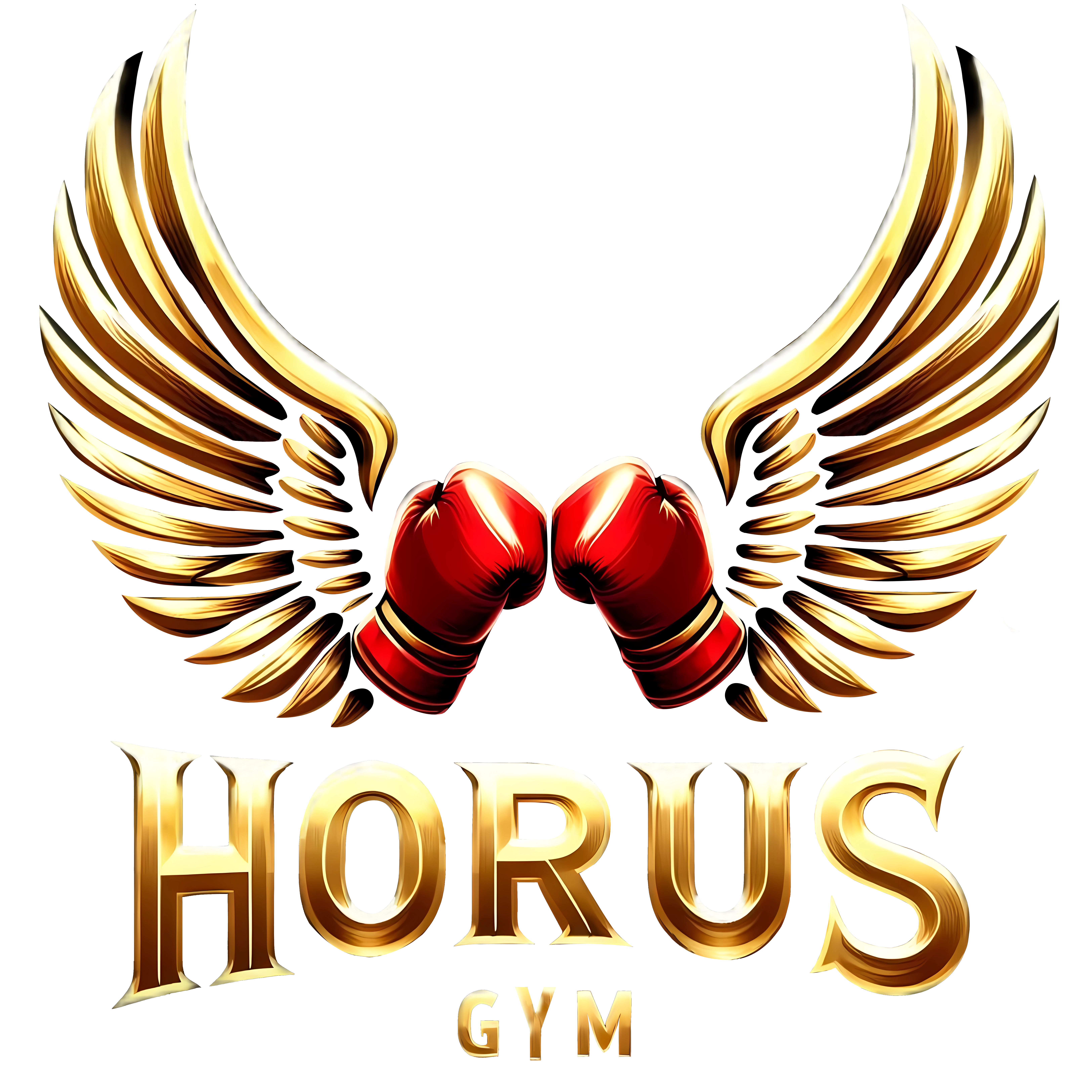 Goldene Flügel umrahmen rote Boxhandschuhe über dem goldenen Text "HORUS GYM".
